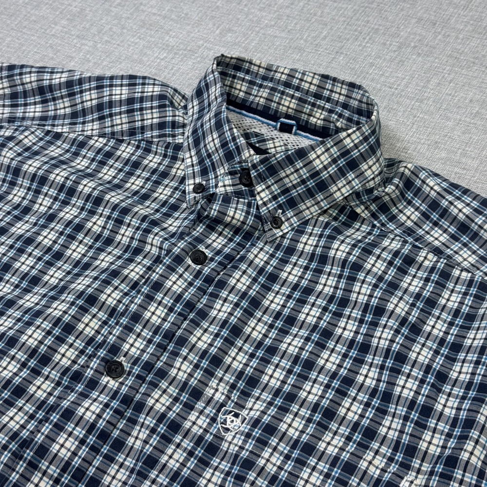 Ariat Pro Button-Up Shirt Mens L Blue Plaid Cowboy Rodeo Short Sleeve Workwear